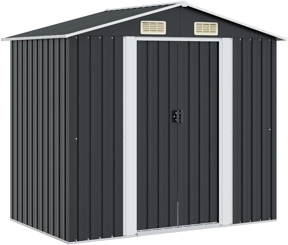 vidaXL Capanno per Attrezzi da Giardino Ventilato Ingresso a Scorrimento Robusto Casetta da Esterno Magazzino Antracite 204x132x186 cm in Acciaio