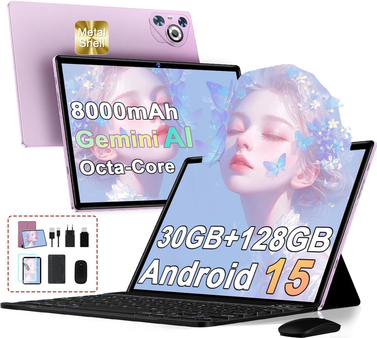 10 Pollici Tablet 30GB+128GB, 8000mAh, Android 15, FHD Schermo IPS, Processore Octa-Core, Certificazione GMS/ Widevine L1/ Controllo Parentale, Corpo in Metallo Tablets PC con Tastiera, Mouse -Purple(Purple)