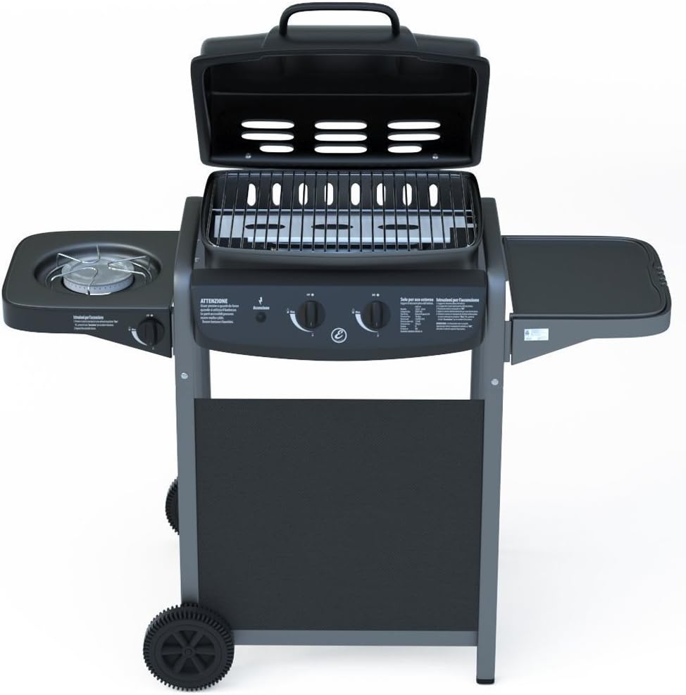 Barbecue Grill BBQ a Gas con Termometro - Giardino Griglia Picnic Terrazzo 2+1 Colore Nero - (112 x 52.2 x 96.5 cm)