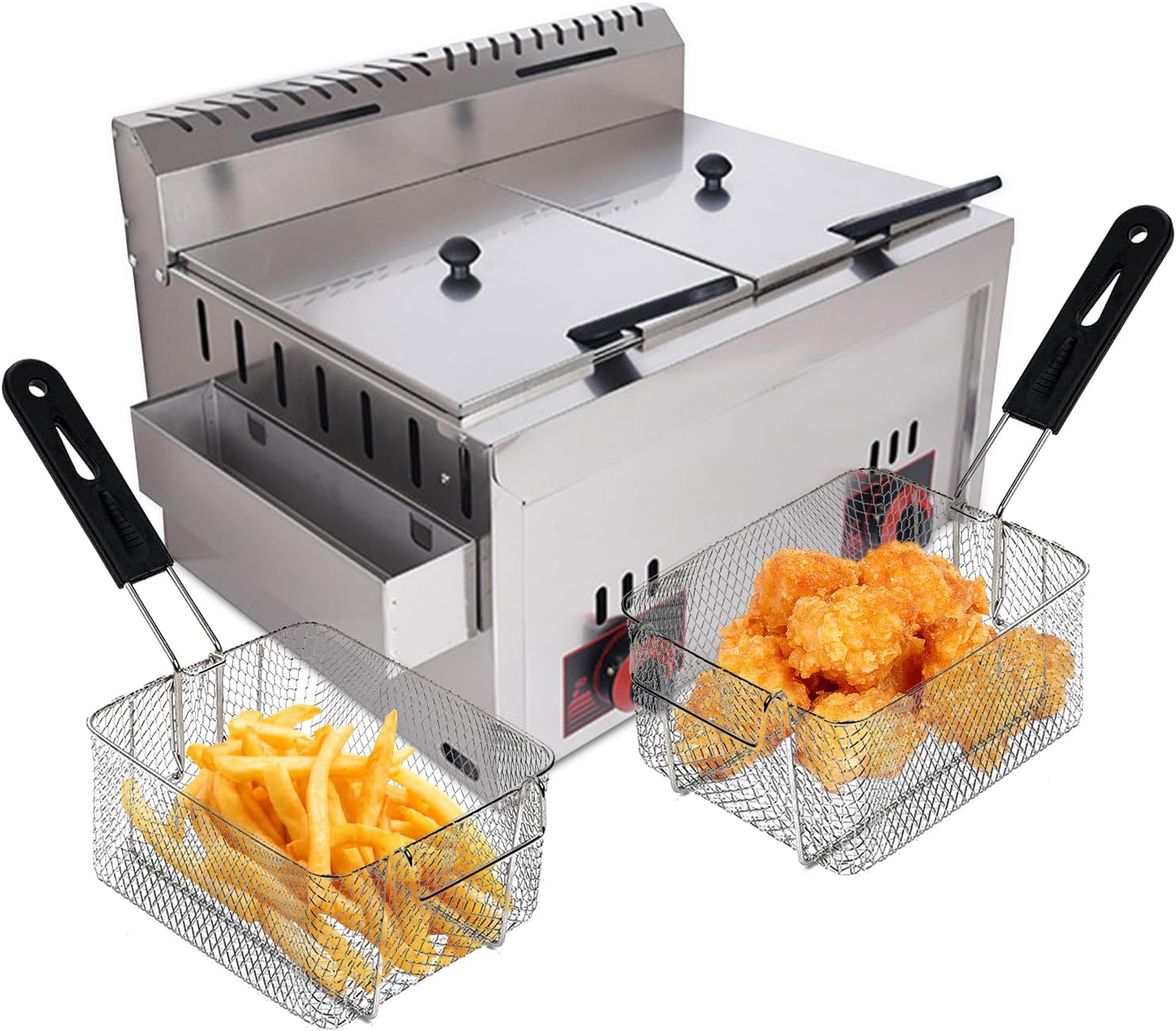 Friggitrice ad Olio a Gas Doppio Cestello Professionale 6L x 2, Temperatura Controllata con 2 Cestelli per Cucina Hotel Festa Carnevale