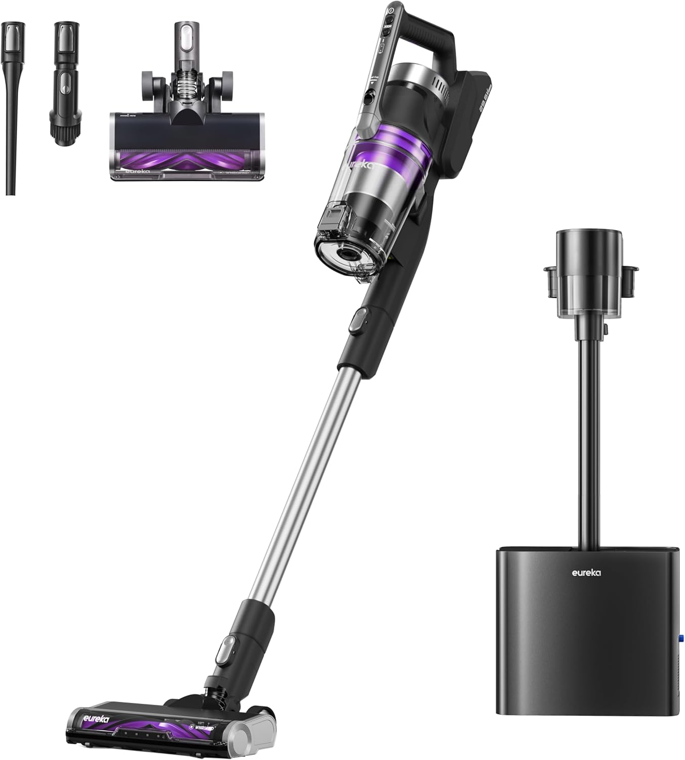 Eureka Stylus Elite Aspirapolvere Senza Fili con Stazione, 24000Pa, Svuotamento Automatico, Sacco 3L, Autonomia 60 Min, Spazzola Antigroviglio, LED, Batteria Rimovibile, Motore BLDC