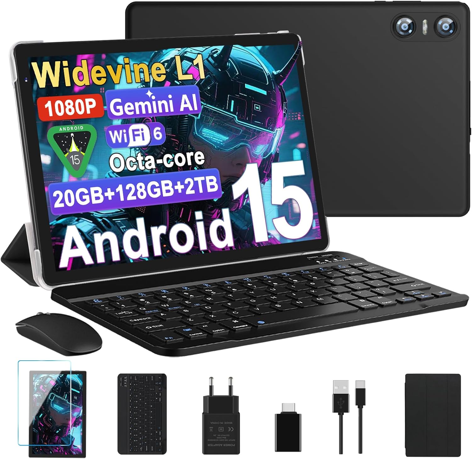 Tablet 10 Pollici Android 15, Tablets 20GB RAM+128GB ROM (2TB TF), Octa-Core, Tablets 5G+2.4G WiFi 6, Widevine L1, GMS, Bluetooth 5.0, 6000mAh, 5+8MP, Tablet 2 in 1 Tastiera + Mouse - Nero