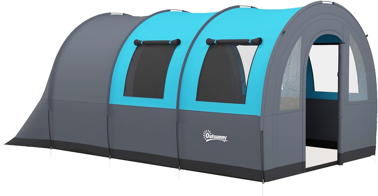 Outsunny Tenda da Campeggio 5 Posti Impermeabile con Zona Notte e Zona Giorno Separate, tenda Trekking in Poliestere, 480x260x200 cm, Grigio e Blu