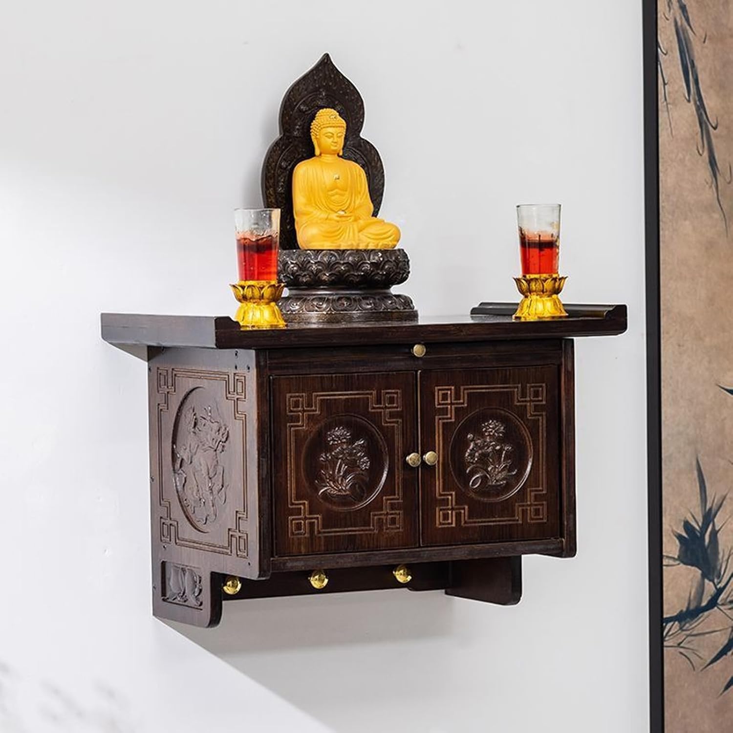 Armadietto per santuario buddista montato a parete, santuario con vassoio retrattile, altare con funzione di stoccaggio, utilizzato per offrire sacrifici e incenso 50cm/19.7inch