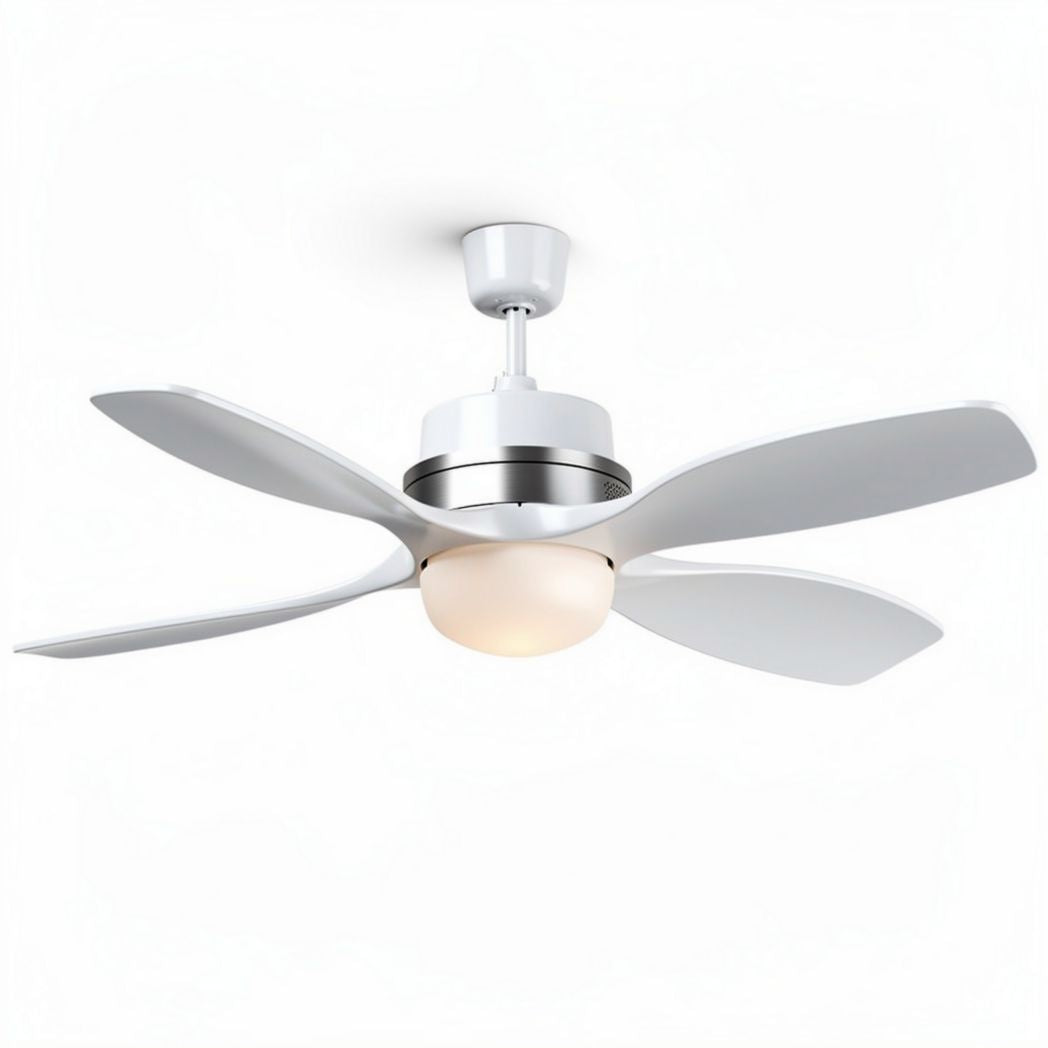 Ventilatore a soffitto con luce per ambienti interni – realizzato in metallo e plastica – dimensioni stimate: 120 x 120 x 30 cm