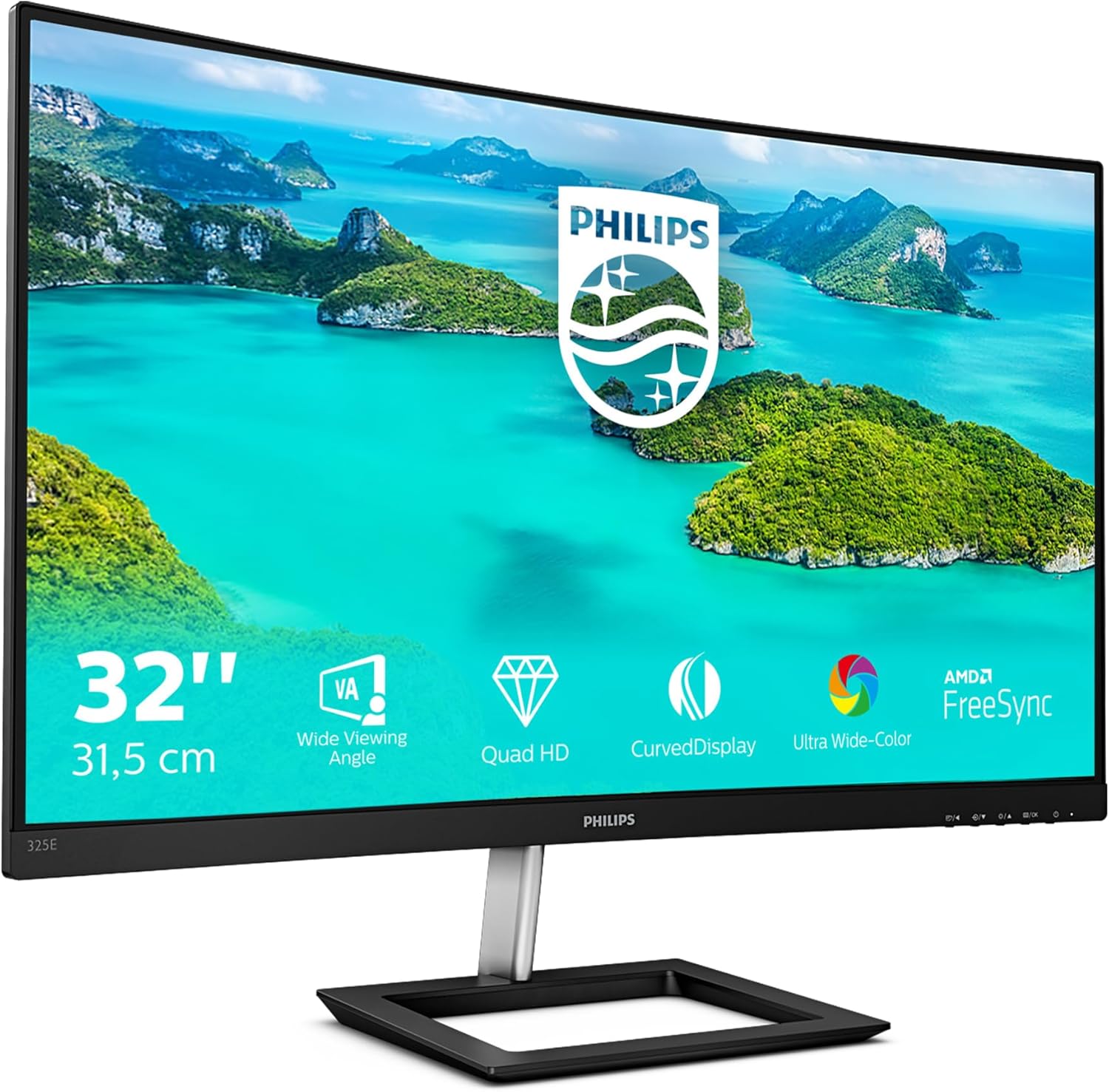 Philips Monitor Gaming 325E1C Monitor Curvo, Freesync 75 Hz, LCD da 32, 2K Quad HD 2560 x 1440 VA, 4 ms, HDMI, Display Port, VGA, Flicker Free, Low Blue Light, Ultra Wide Color, VESA, Nero