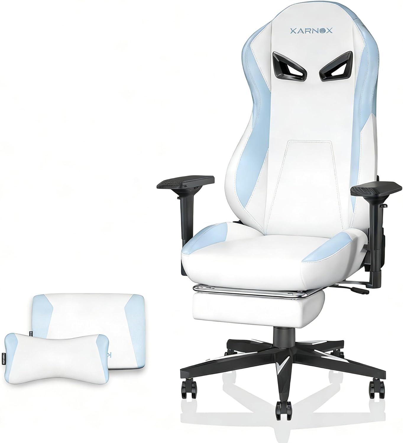 Sedia da gamer con supporto per testa e lordosi regolabile, regolabile in altezza, con poggiapiedi e braccioli 4D, rivestimento in tessuto, portata fino a 150 kg, colore bianco/blu