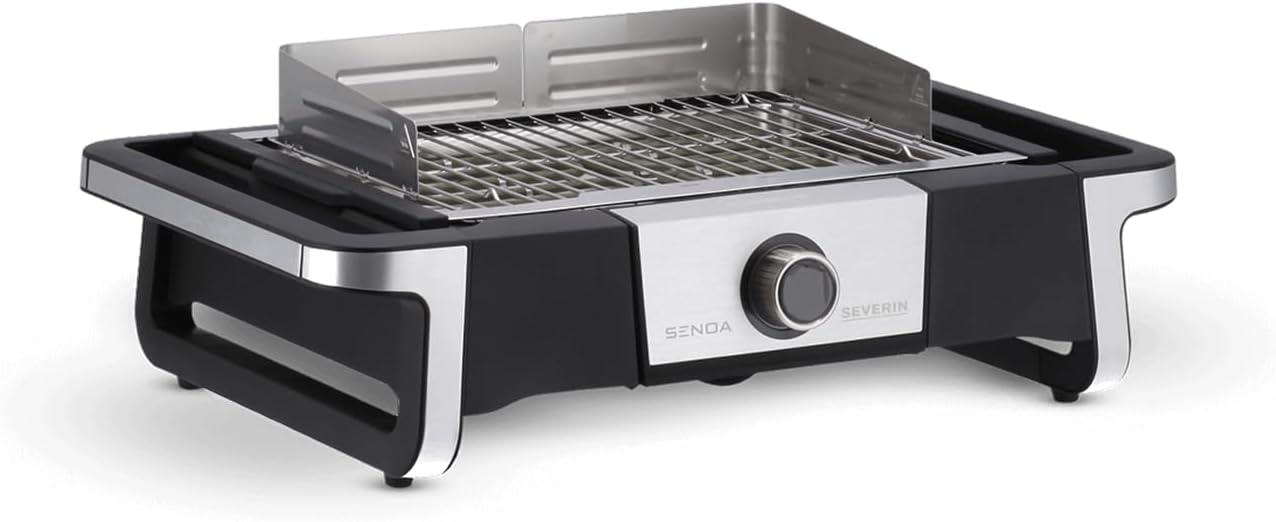 SEVERIN SENOA DigitalBOOST PG 8114 - Barbecue elettrico per interni ed esterni, con avvio rapido fino a 500 °C, con superficie SafeTouch, acciaio inox/nero, PG 8114
