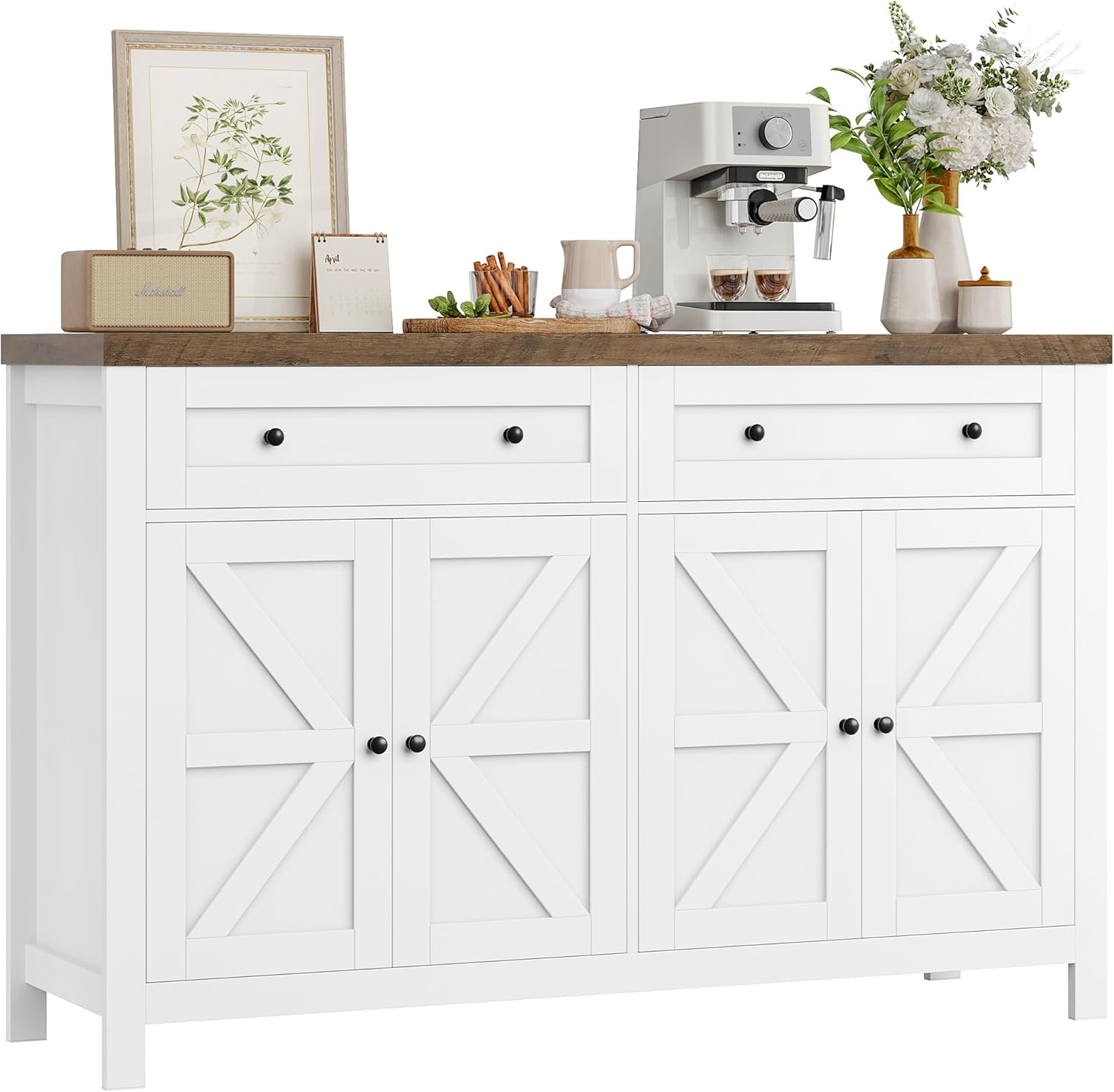 HOCSOK 140 cm Credenza Cucina, Madia Soggiorno Moderna con Ripiani Regolabili, Buffet Mobile con 2 Cassetti 4 Ante, per Soggiorno, Cucina, Ingresso, Multiuso, Bianco