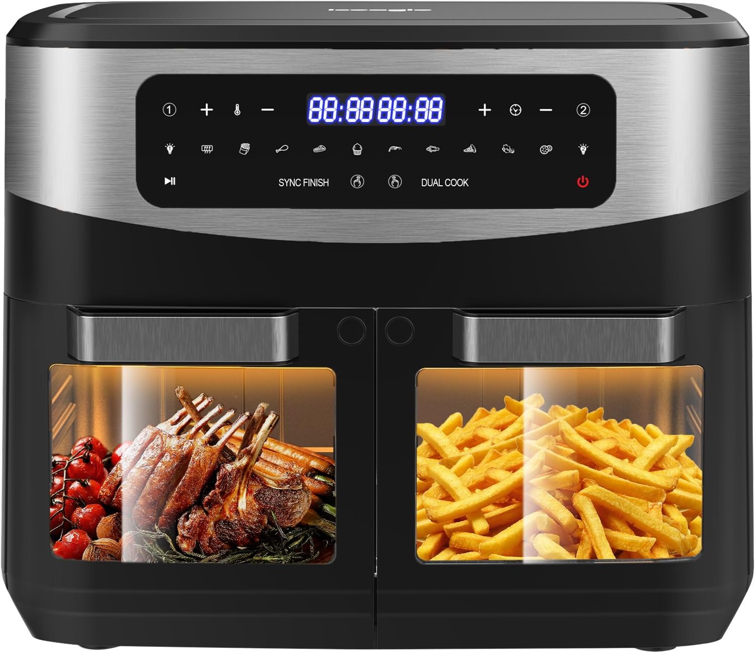 Iceagle Friggitrice ad Aria 12 litri - Friggitrice Aria Dual Zone 2600 W, Air Fryer con 10 Programmi, 2 cassetti, Finestra, Friggitrice Senza Olio, Doppia Temperatura e Tecnologia SmartCook, Timer