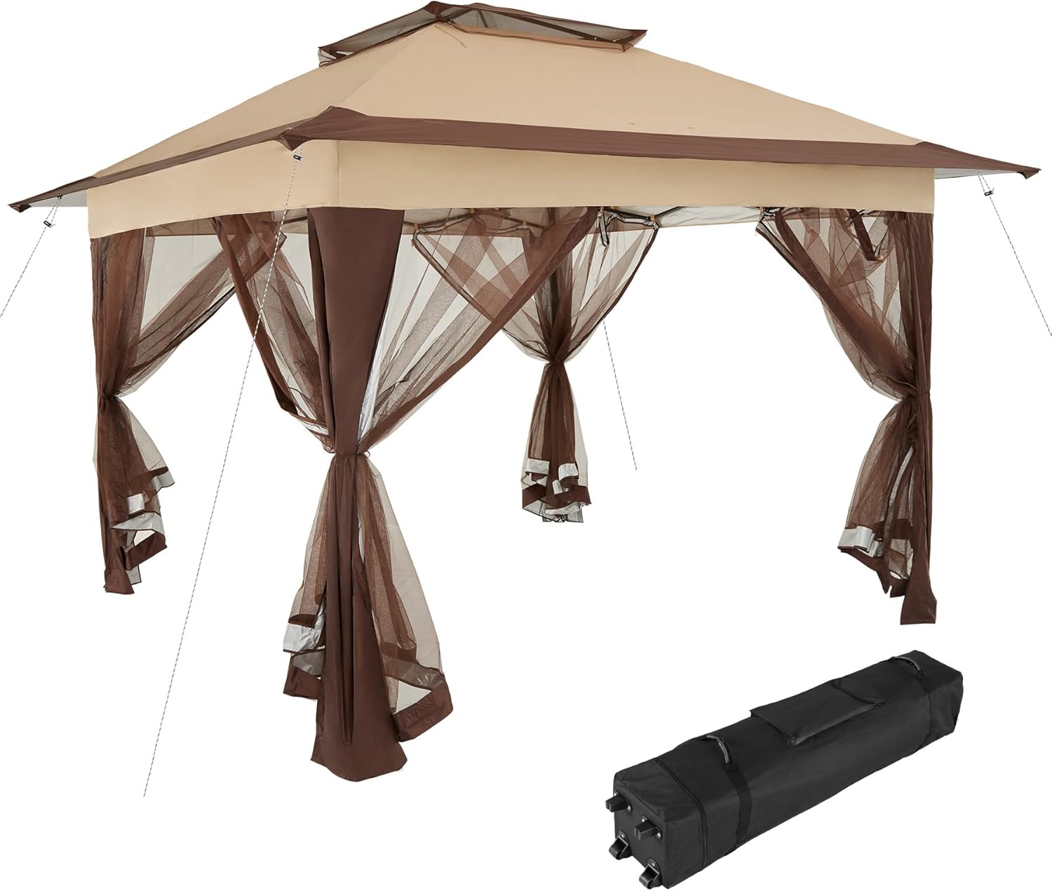 tectake Folding Gazebo Outdoor Gazebo with 4 Removable Mosquito Nets, Double Roof System, UV Resistant, Bag Included, 364 x 364 x 29 cm – Brown