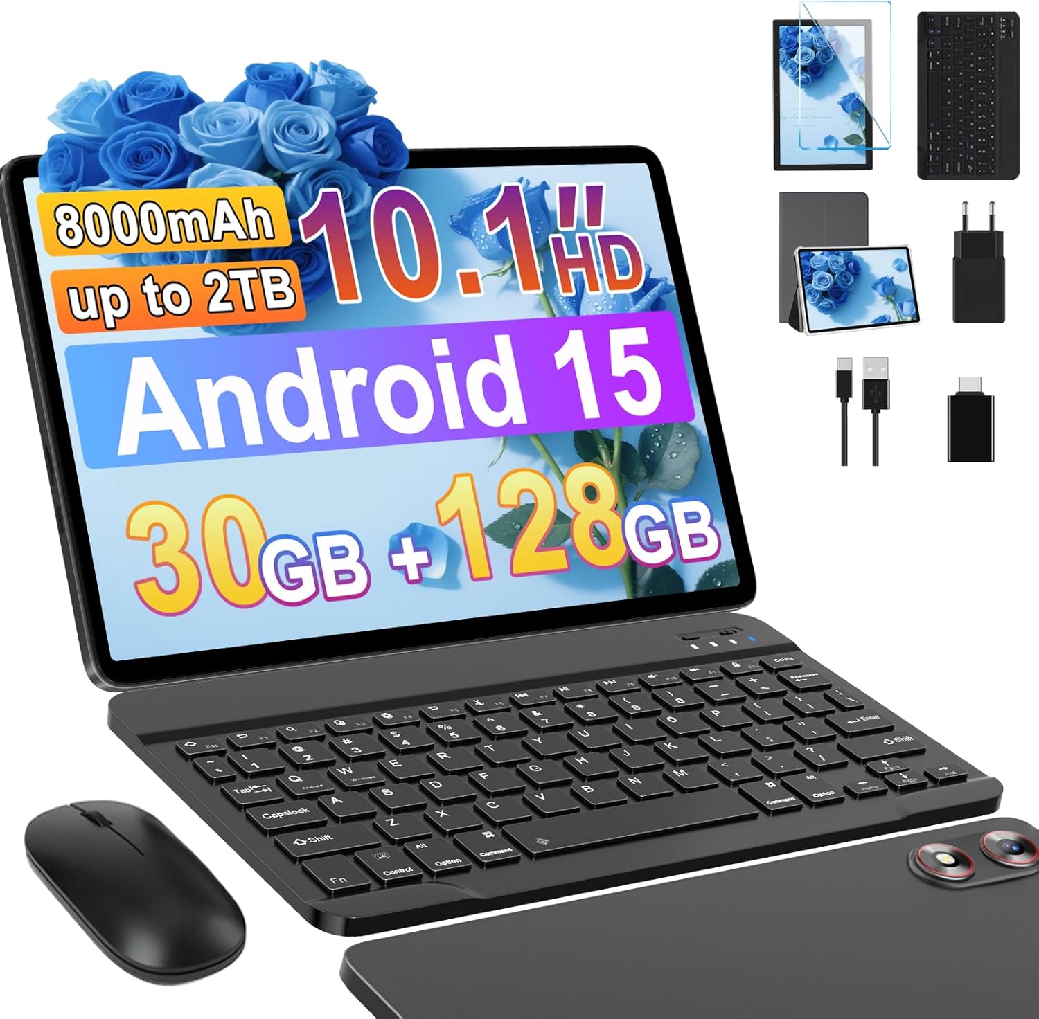 Tablet 10 pollici Android 15,30GB RAM + 128 ROM (2TB TF) 5G WiFi, Gemini AI, Supporto Widevine L1, 8000mAh,5MP+8MP, GPS, Face ID, BT 5.0, Tablet con Tastiera+Mouse+Case, Grigio(gray)