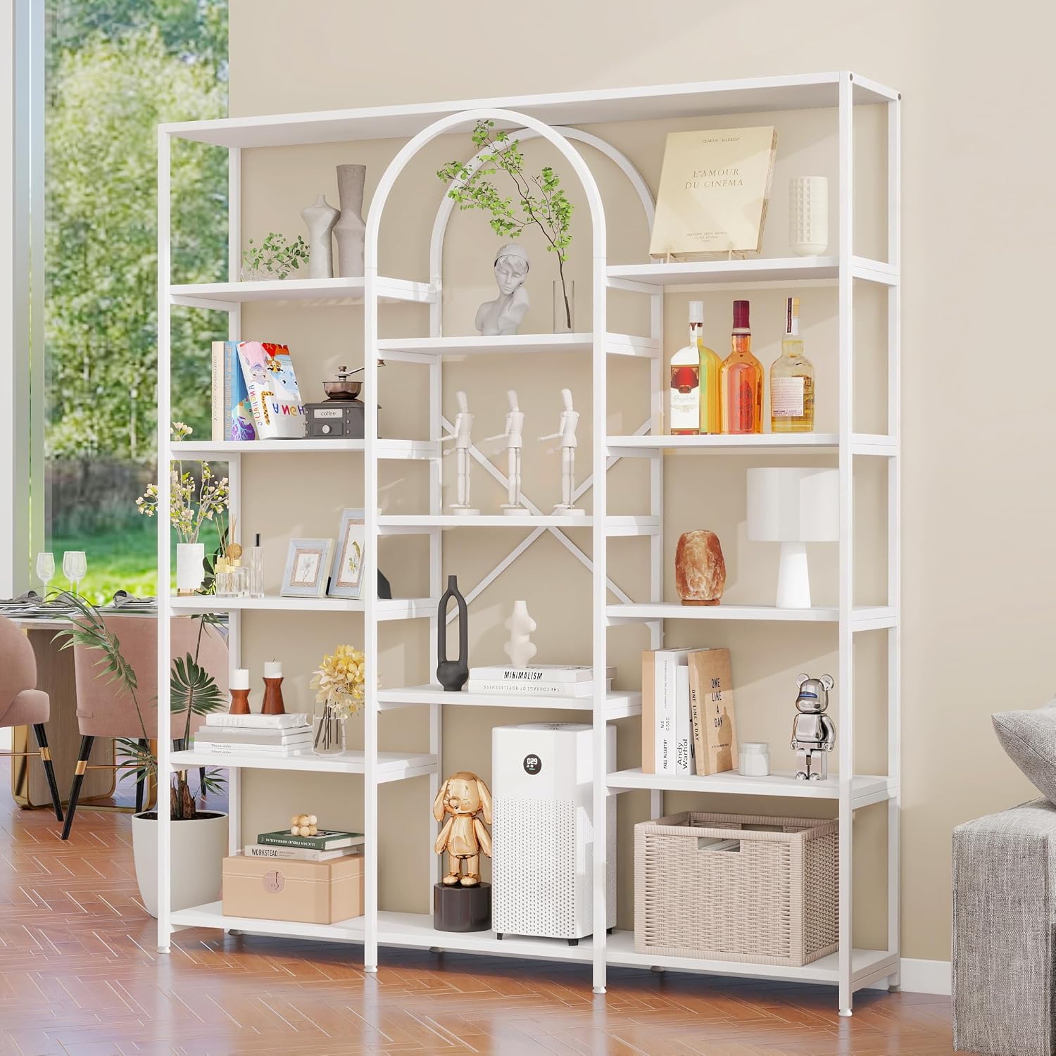 160 x 30 x 180 cm Scaffale in stile moderno e minimalista, realizzato in robusti tubi di acciaio e MDF, con diversi vani portaoggetti, design rettangolare + arcuato, bianco