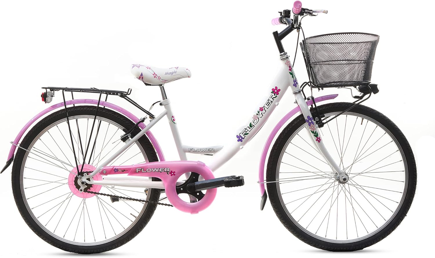 MADICKS Bicicletta Bambina Ragazza da Passeggio Misura 24 Bici con Cestino Floreale Bianco Rosa