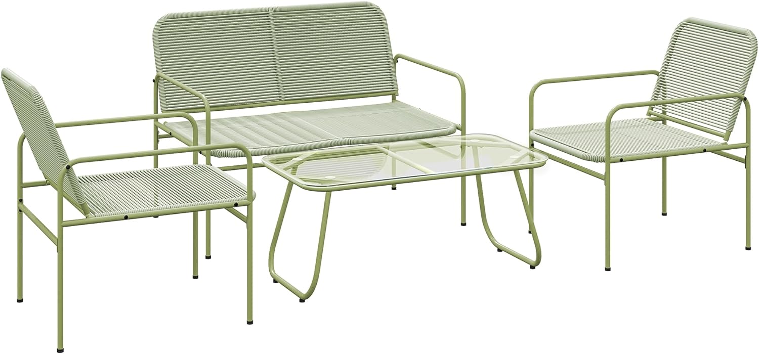 Outsunny 4-Piece Rattan Garden Furniture Set, Outdoor Living Room with 2 Seater Sofa, 2 Armchairs, Glass Coffee Table, Steel Outdoor Garden Set for Terrace and Balcony, Green