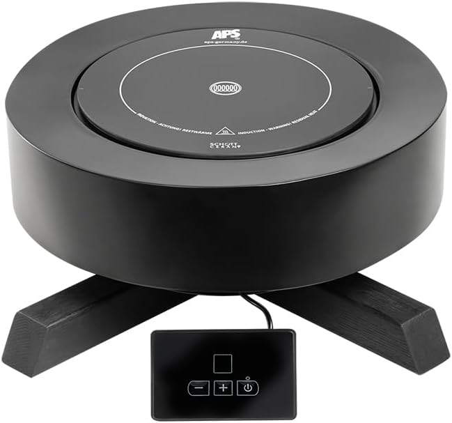 APS 12250 BONFIRE - Set di 2 piastre a induzione, supporto in metallo con legno di rovere, Ø 46,5 cm, altezza 16 cm, piano cottura Ø 24 cm, 900 Watt