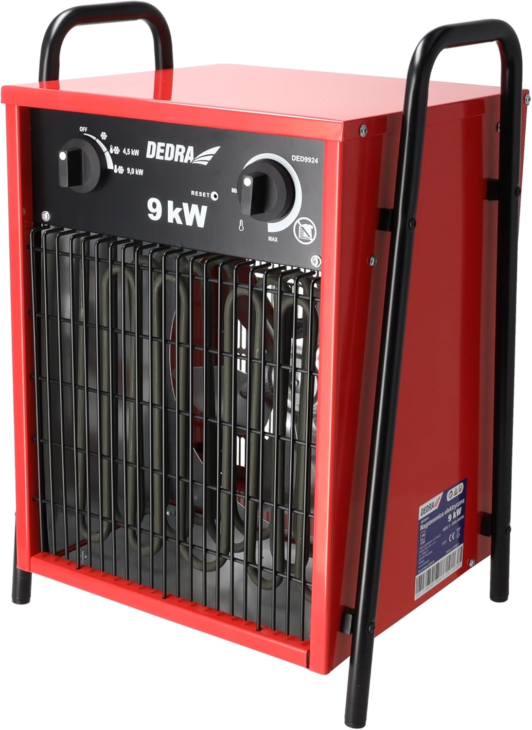 Scaldabagno elettrico 9 kW, 400 V, quadrato, rosso DEDRA DED9924, utile in spazi chiusi, termostato, tre modalità di funzionamento, regolazione della temperatura regolabile, alloggiamento in metallo