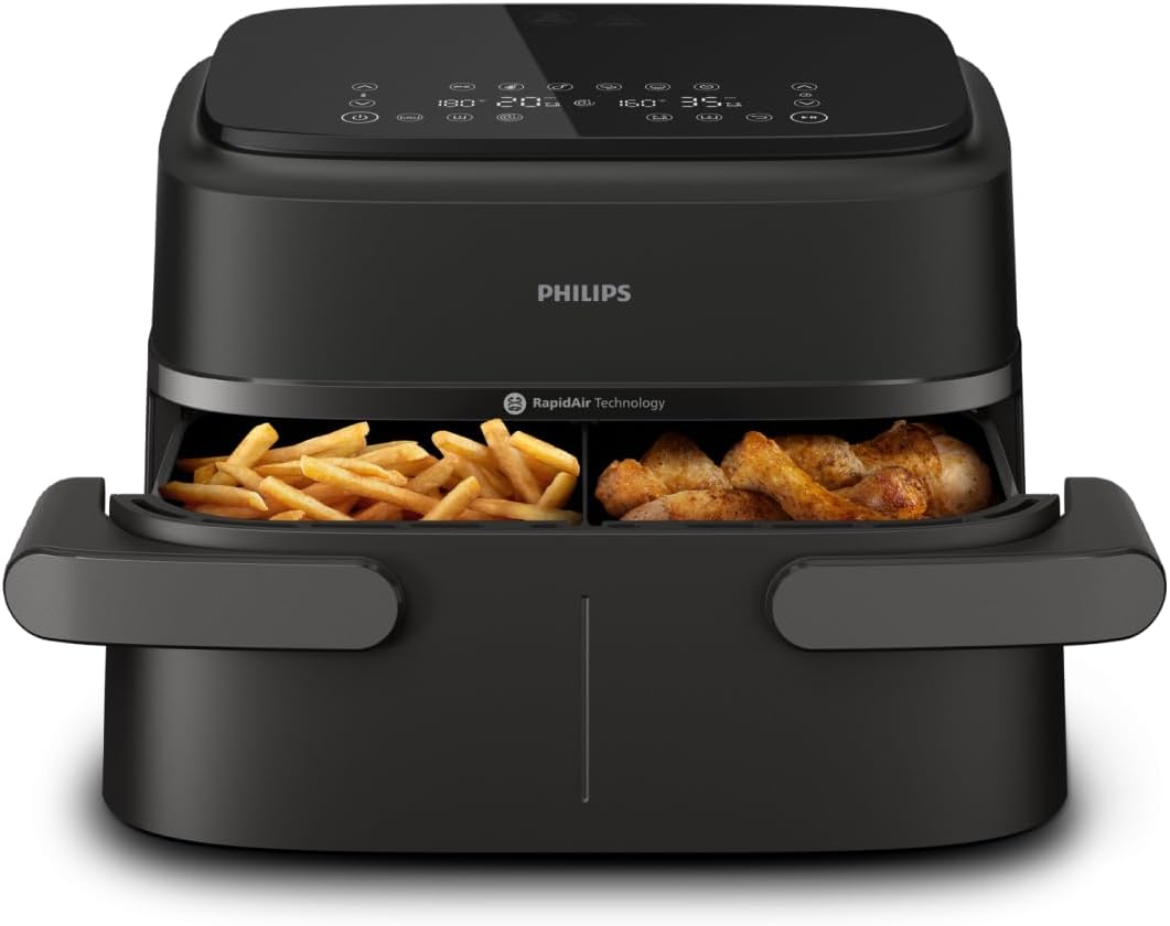 Philips Airfryer Serie 1000, Friggitrice ad aria con singolo/doppio cestello flexi da 7.1L e separatore, doppia resistenza e termostasti separati, RapidAir, 10 modalità, compatto, HomeID (NA154/00)