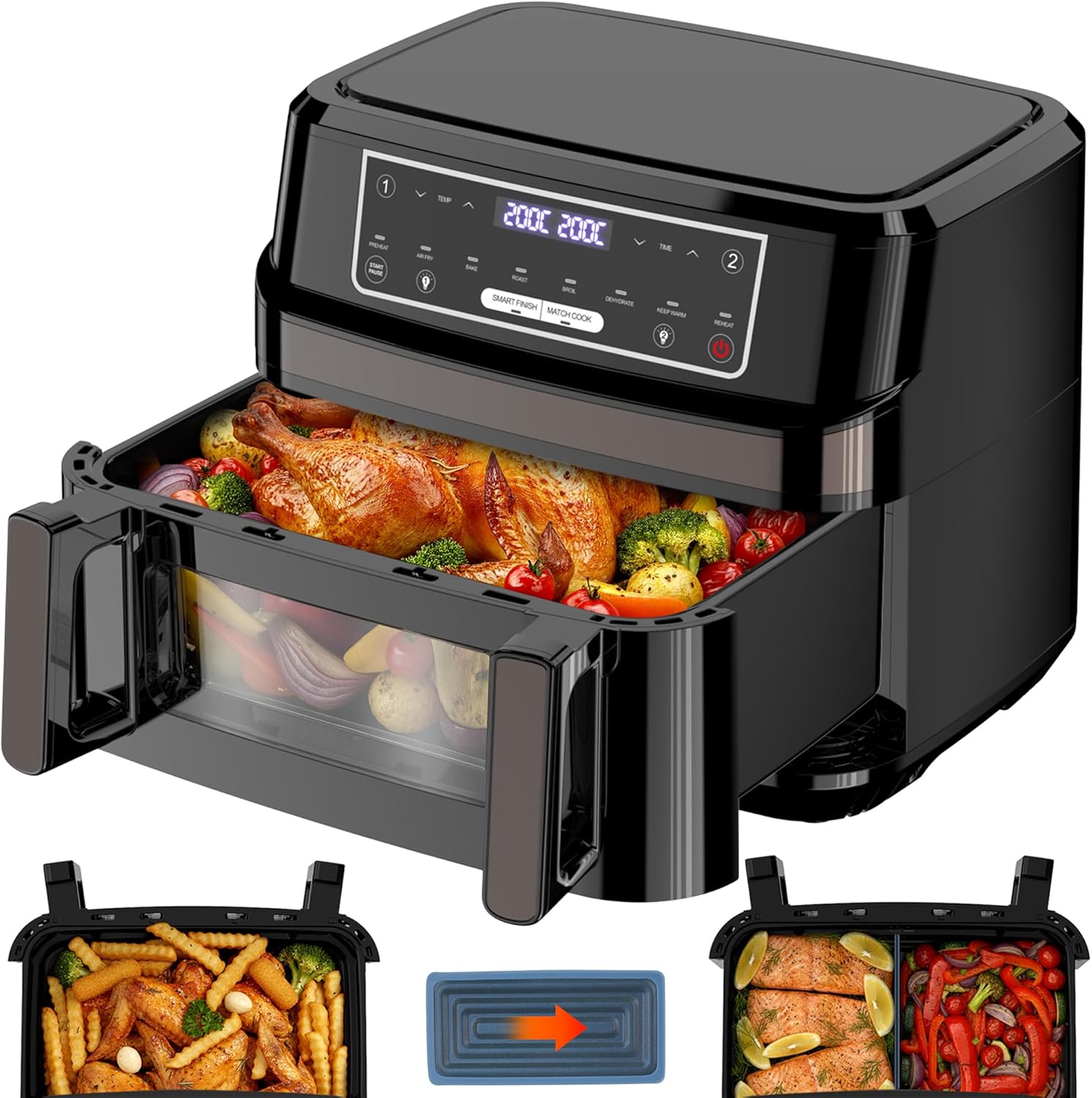 Friggitrice ad Aria 12 Litri | Air Fryer XXL Doppia Singola Zona Regolabile, 8-in-1 Friggitrice Aria Doppio Cestello Controllo Temp Indipendente, Airfrye Grande Max 200°C con Finestra  Luce Interna