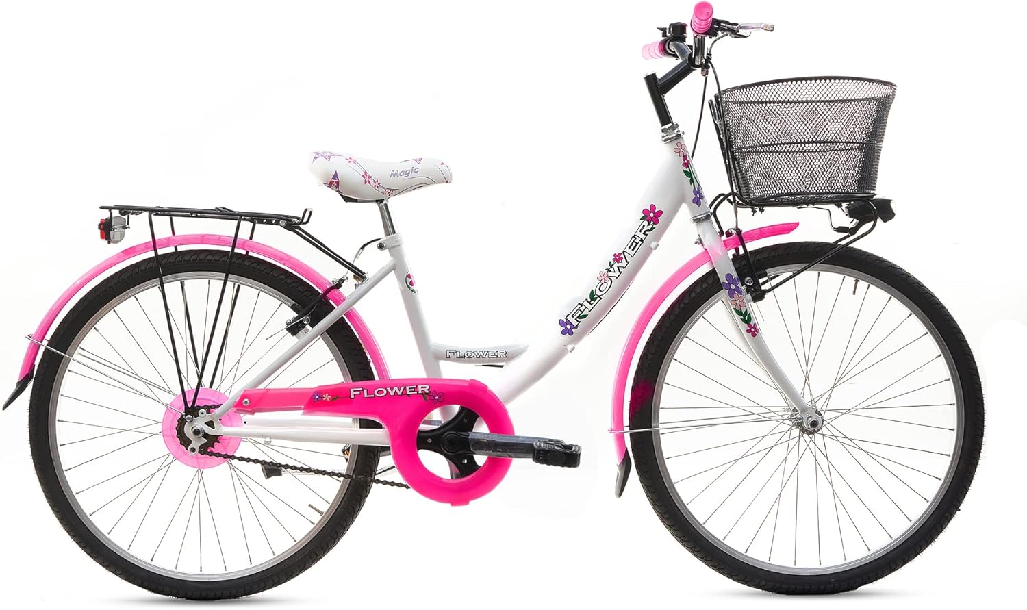 MADICKS Bicicletta Bambina Ragazza da Passeggio Misura 24 Bici con Cestino Floreale Bianco Rosa Fluo