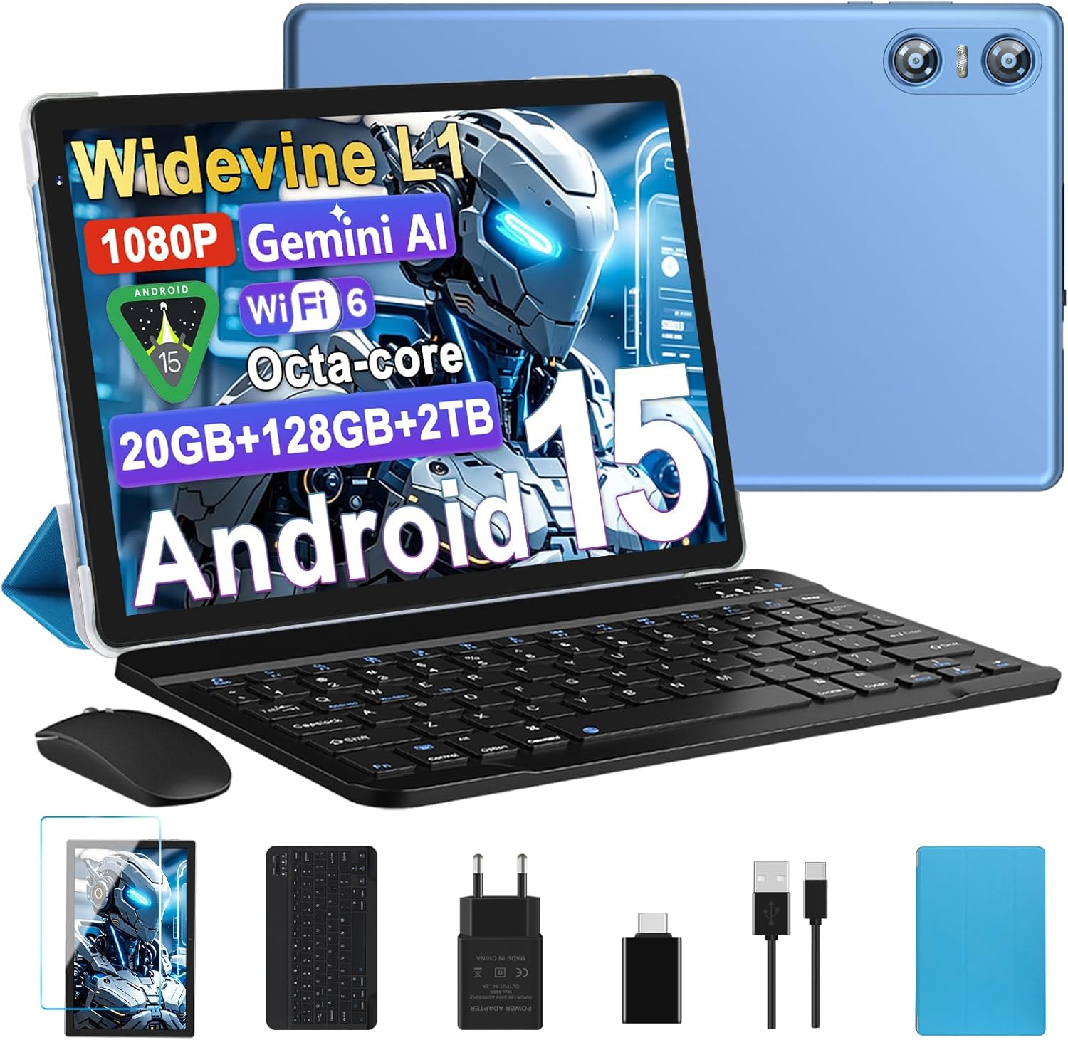 Tablet 10 Pollici Android 15, Tablets 20GB RAM+128GB ROM (2TB TF), Octa-Core, Tablets 5G+2.4G WiFi 6, Widevine L1, GMS, Bluetooth 5.0, 6000mAh, 5+8MP, Tablet 2 in 1 Tastiera + Mouse - Blu