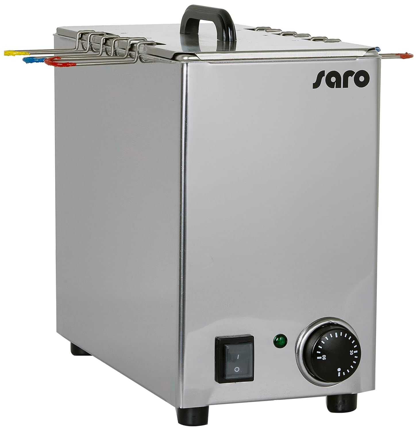 SARO DAMO - Cuociuova, per 6 uova, in acciaio inox, con termostato regolatore e di sicurezza, marcature di colore diverso, temperatura da 0 a 90 °C, da 1,2 kW