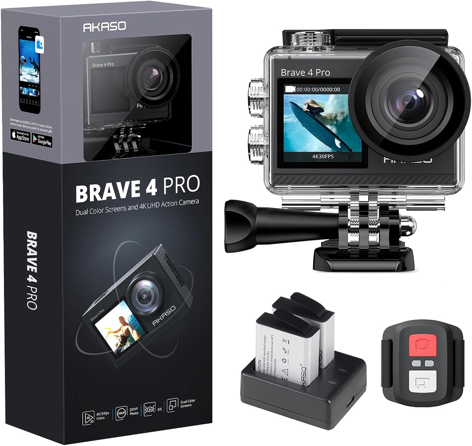 AKASO Brave 4 Pro Action Cam 4K 40M Fotocamera Subacquea, Videocamera 20MP WiFi 170° Grandangolare Doppio Schermo EIS Stabilizzazione, Touch Screen, 5x Zoom, 2x1350mAh Batterie, Kits di Accessori(Nero)