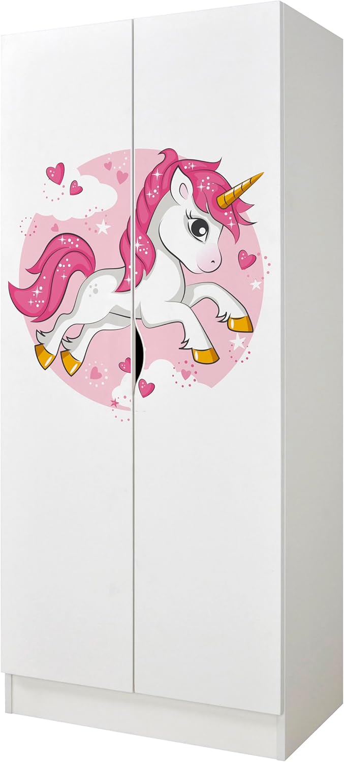 leomark White Wardrobe with Pink UNICORN Motif for Children's Room, Large and Functional Wooden Wardrobe with Doors, Solid Hanger, Children's Furniture, Dimensions: 70 x 42.5 x 161.5 cm