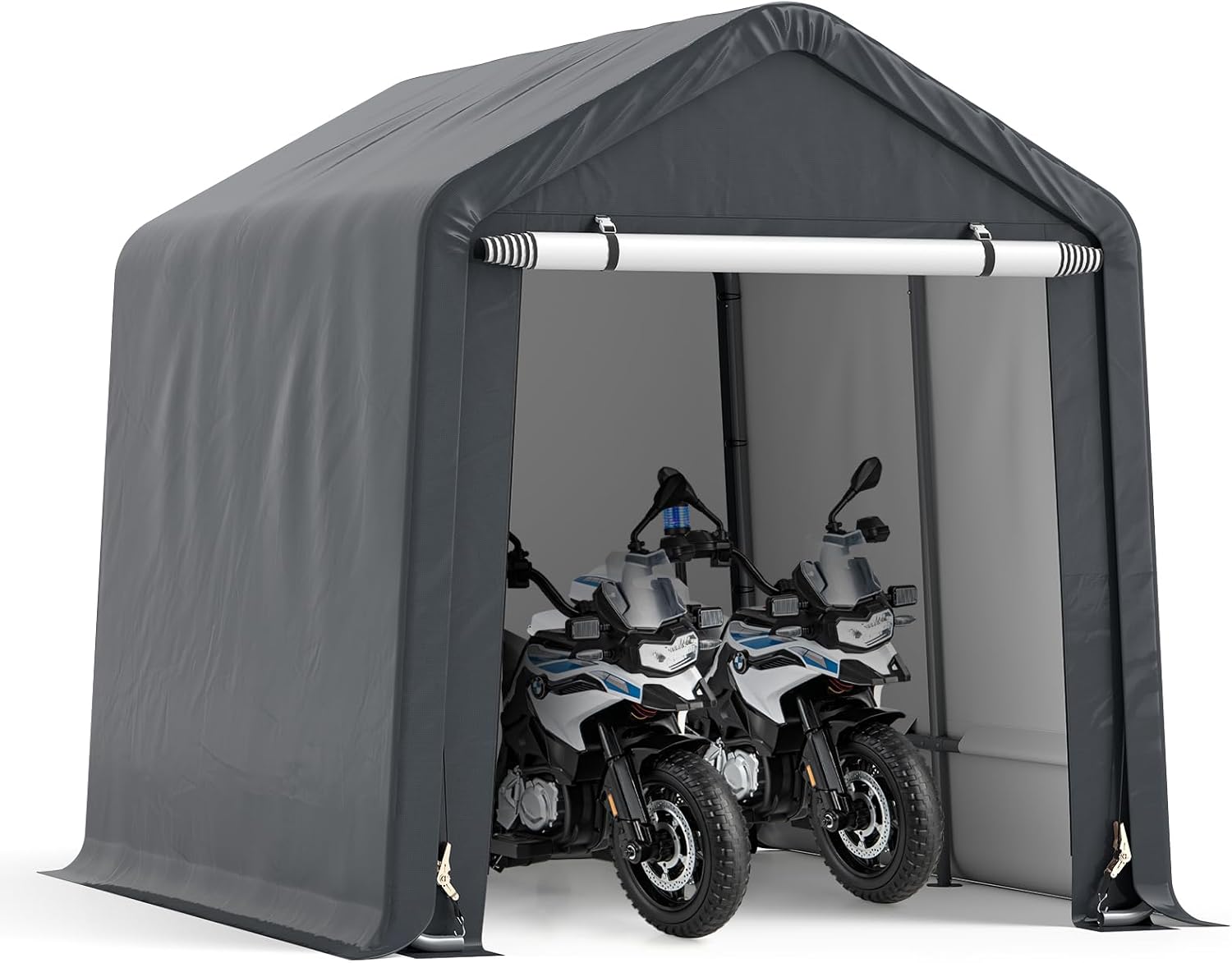 SOARS Capanno da Giardino 195 X 240 X 214 CM, Tenda Garage per Bici Moto Attrezzi, con Copertura en PE Impermeabile, Porta con Cerniera, Telaio in Metallo, Picchetti, per Esterno, Grigio